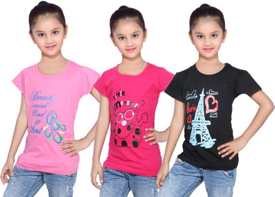 

IndiWeaves Girls Printed Cotton T Shirt(Black, Pack of 3, Black;pink