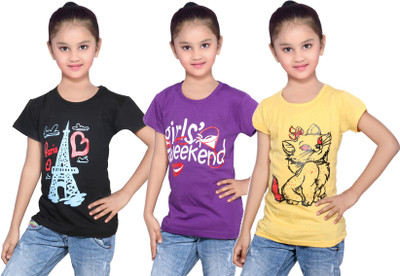 

IndiWeaves Girls Printed Cotton T Shirt(Yellow, Pack of 3, Black;purple;yellow