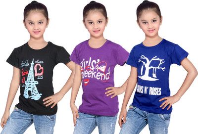

IndiWeaves Girls Printed Cotton T Shirt(Blue, Pack of 3, Black;blue;purple