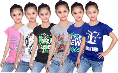 

IndiWeaves Girls Printed Cotton T Shirt(Pink, Pack of 6, Black;blue;grey;pink;white