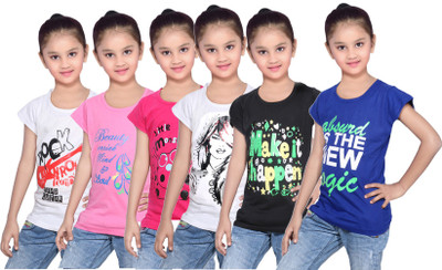 IndiWeaves Girls Printed Cotton T Shirt(White, Pack of 6, Black;blue;pink;white