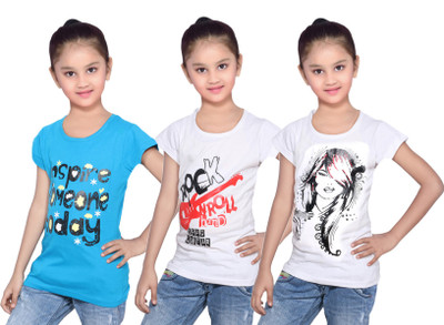 

IndiWeaves Girls Printed Cotton T Shirt(White, Pack of 3, Blue;white
