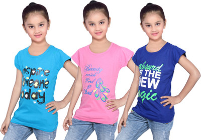 

IndiWeaves Girls Printed Cotton T Shirt(Blue, Pack of 3, Blue;pink