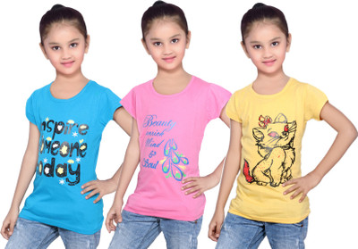 

IndiWeaves Girls Printed Cotton T Shirt(Yellow, Pack of 3, Blue;pink;yellow