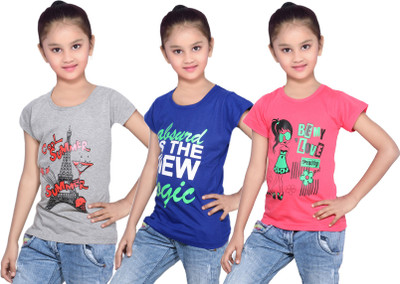 

IndiWeaves Girls Printed Cotton T Shirt(Red, Pack of 3, Blue;grey;red