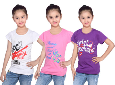

IndiWeaves Girls Printed Cotton T Shirt(Purple, Pack of 3, Pink;purple;white