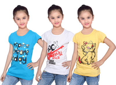 

IndiWeaves Girls Printed Cotton T Shirt(Yellow, Pack of 3, Blue;white;yellow