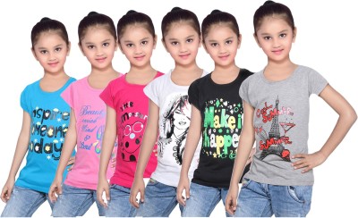 

IndiWeaves Girls Printed Cotton T Shirt(Blue, Pack of 6, Black;blue;grey;pink;white