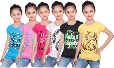 

IndiWeaves Girls Printed Cotton T Shirt(Blue, Pack of 6, Black;blue;pink;white;yellow
