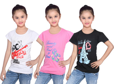 

IndiWeaves Girls Printed Cotton T Shirt(Black, Pack of 3, Black;pink;white