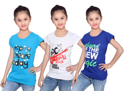 

IndiWeaves Girls Printed Cotton T Shirt(Blue, Pack of 3, Blue;white