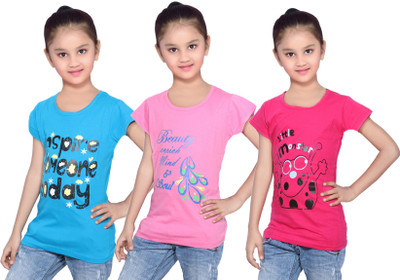 

IndiWeaves Girls Printed Cotton T Shirt(Pink, Pack of 3, Blue;pink