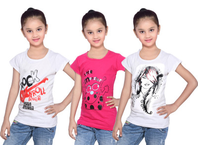 

IndiWeaves Girls Printed Cotton T Shirt(White, Pack of 3, Pink;white