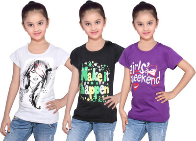 

IndiWeaves Girls Printed Cotton T Shirt(Purple, Pack of 3, Black;purple;white