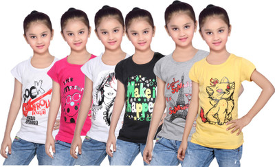 

IndiWeaves Girls Printed Cotton T Shirt(White, Pack of 6, Black;grey;pink;white;yellow