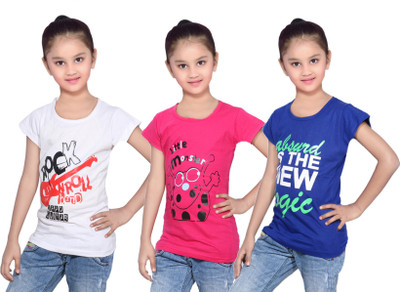 

IndiWeaves Girls Printed Cotton T Shirt(Blue, Pack of 3, Blue;pink;white