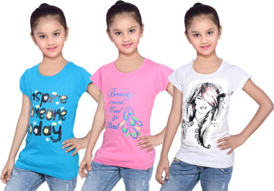 

IndiWeaves Girls Printed Cotton T Shirt(White, Pack of 3, Blue;pink;white