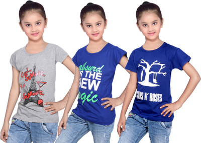 

IndiWeaves Girls Printed Cotton T Shirt(Blue, Pack of 3, Blue;grey