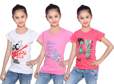 

IndiWeaves Girls Printed Cotton T Shirt(Red, Pack of 3, Pink;red;white