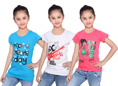 

IndiWeaves Girls Printed Cotton T Shirt(Red, Pack of 3, Blue;red;white