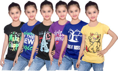 

IndiWeaves Girls Printed Cotton T Shirt(Black, Pack of 6, Black;blue;purple;yellow