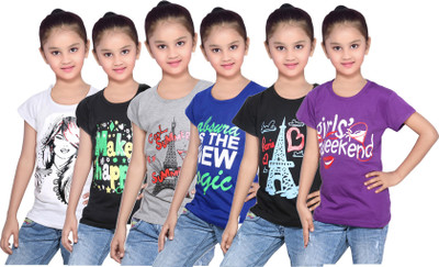 

IndiWeaves Girls Printed Cotton T Shirt(White, Pack of 6, Black;blue;grey;purple;white