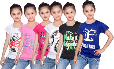 

IndiWeaves Girls Printed Cotton T Shirt(White, Pack of 6, Black;blue;pink;white