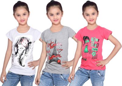 

IndiWeaves Girls Printed Cotton T Shirt(Red, Pack of 3, Grey;red;white