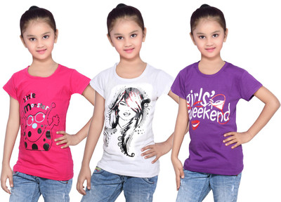 

IndiWeaves Girls Printed Cotton T Shirt(Purple, Pack of 3, Pink;purple;white