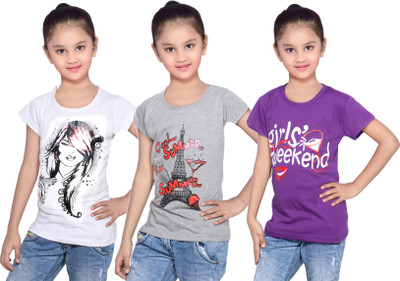 

IndiWeaves Girls Printed Cotton T Shirt(Purple, Pack of 3, Grey;purple;white