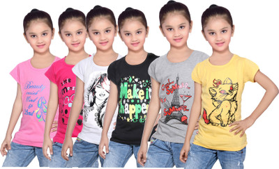 

IndiWeaves Girls Printed Cotton T Shirt(Pink, Pack of 6, Black;grey;pink;white;yellow