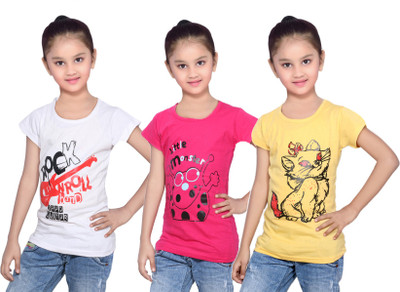 

IndiWeaves Girls Printed Cotton T Shirt(Yellow, Pack of 3, Pink;white;yellow