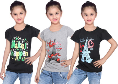 

IndiWeaves Girls Printed Cotton T Shirt(Black, Pack of 3, Black;grey