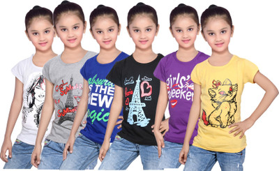 

IndiWeaves Girls Printed Cotton T Shirt(White, Pack of 6, Black;blue;grey;purple;white;yellow