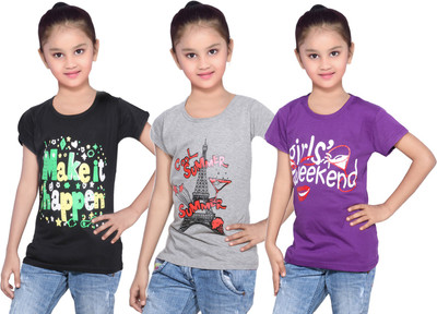 

IndiWeaves Girls Printed Cotton T Shirt(Purple, Pack of 3, Black;grey;purple