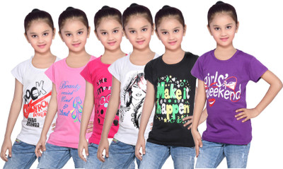 

IndiWeaves Girls Printed Cotton T Shirt(White, Pack of 6, Black;pink;purple;white