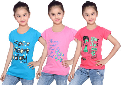 

IndiWeaves Girls Printed Cotton T Shirt(Red, Pack of 3, Blue;pink;red