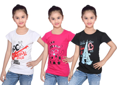 

IndiWeaves Girls Printed Cotton T Shirt(Black, Pack of 3, Black;pink;white
