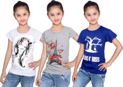 

IndiWeaves Girls Printed Cotton T Shirt(Blue, Pack of 3, Blue;grey;white
