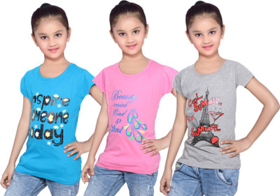 

IndiWeaves Girls Printed Cotton T Shirt(Grey, Pack of 3, Blue;grey;pink
