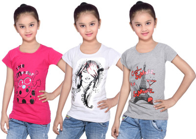 

IndiWeaves Girls Printed Cotton T Shirt(Grey, Pack of 3, Grey;pink;white