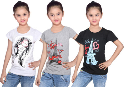 

IndiWeaves Girls Printed Cotton T Shirt(Black, Pack of 3, Black;grey;white
