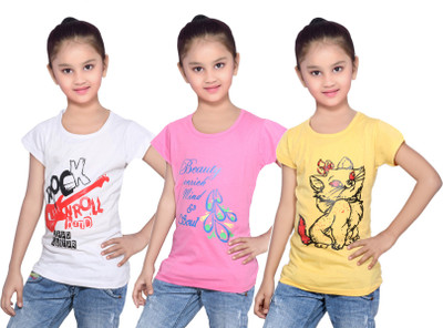 

IndiWeaves Girls Printed Cotton T Shirt(Yellow, Pack of 3, Pink;white;yellow