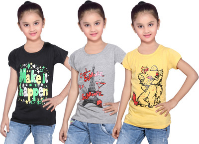 

IndiWeaves Girls Printed Cotton T Shirt(Yellow, Pack of 3, Black;grey;yellow