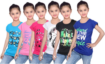 

IndiWeaves Girls Printed Cotton T Shirt(Blue, Pack of 6, Black;blue;pink;white