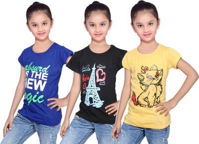 

IndiWeaves Girls Printed Cotton T Shirt(Yellow, Pack of 3, Black;blue;yellow