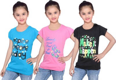 

IndiWeaves Girls Printed Cotton T Shirt(Black, Pack of 3, Black;blue;pink