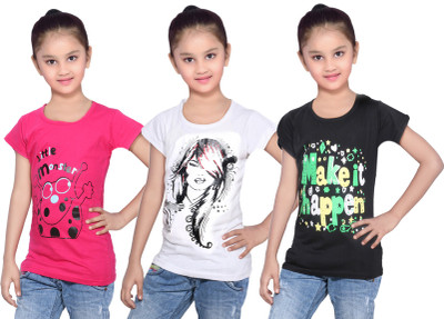 

IndiWeaves Girls Printed Cotton T Shirt(Black, Pack of 3, Black;pink;white