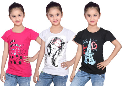 

IndiWeaves Girls Printed Cotton T Shirt(Black, Pack of 3, Black;pink;white