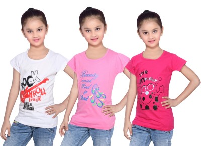 

IndiWeaves Girls Printed Cotton T Shirt(Pink, Pack of 3, Pink;white